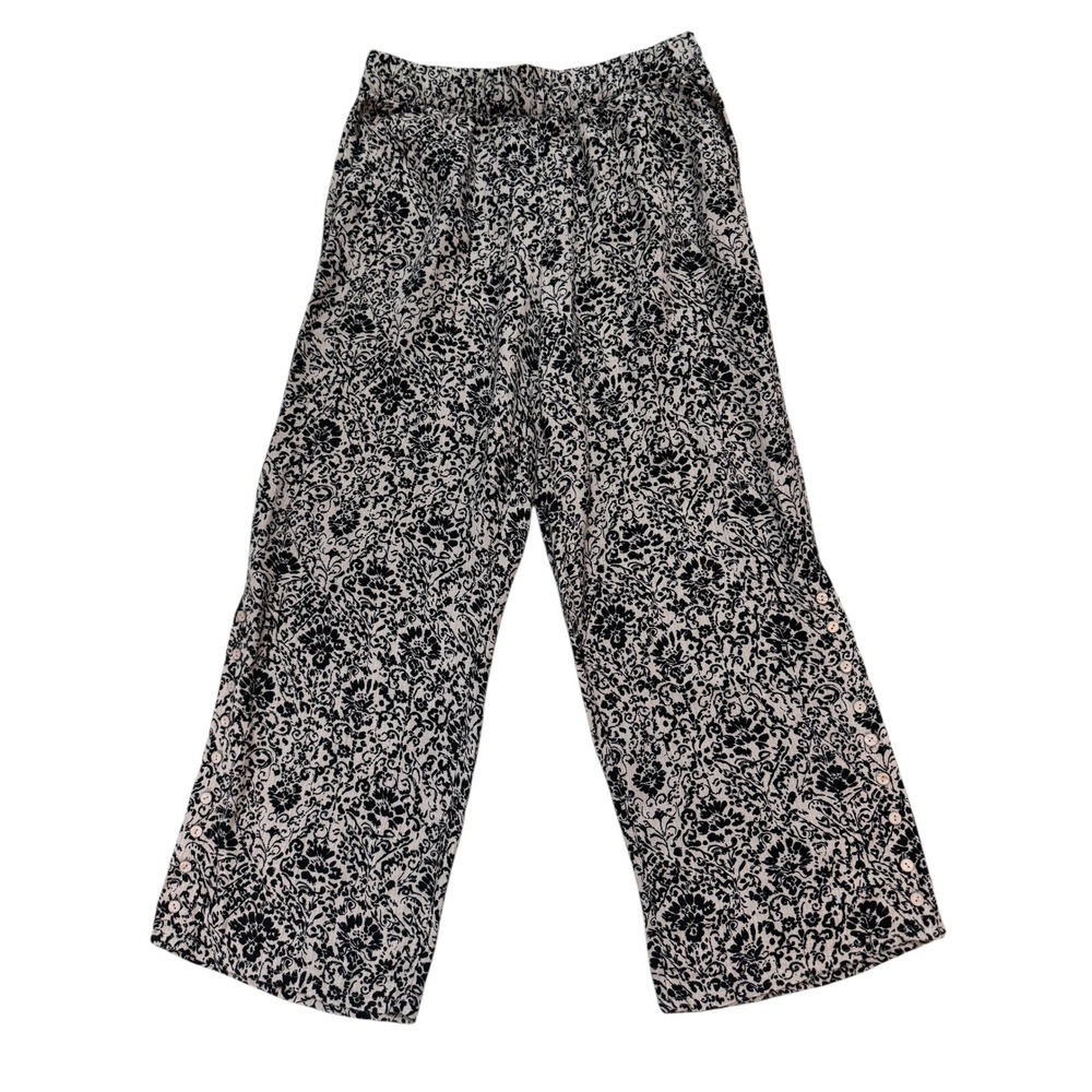 Soft Surroundings Black White Floral Print Wide Leg Lounge Pants Size L‎